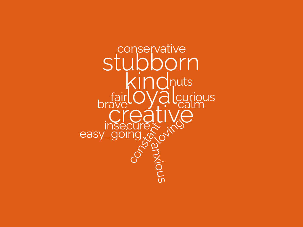 Biggest words: stubborn, kind, loyal, creative